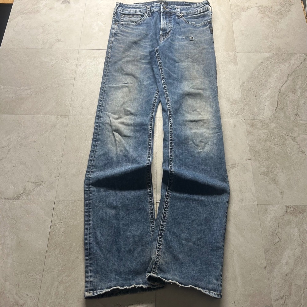 Silver Jeans Zac Relaxed Fit Blue Mens 32x36 Distressed Straight Leg Denim 1182